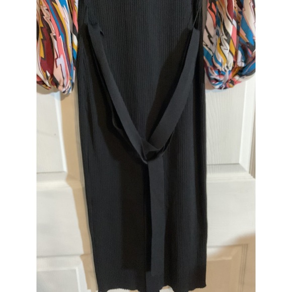 New York & Company Black Ribbed Knit Midi Dress Abstract Puff Sleeve Keyhole M - Picture 4 of 10